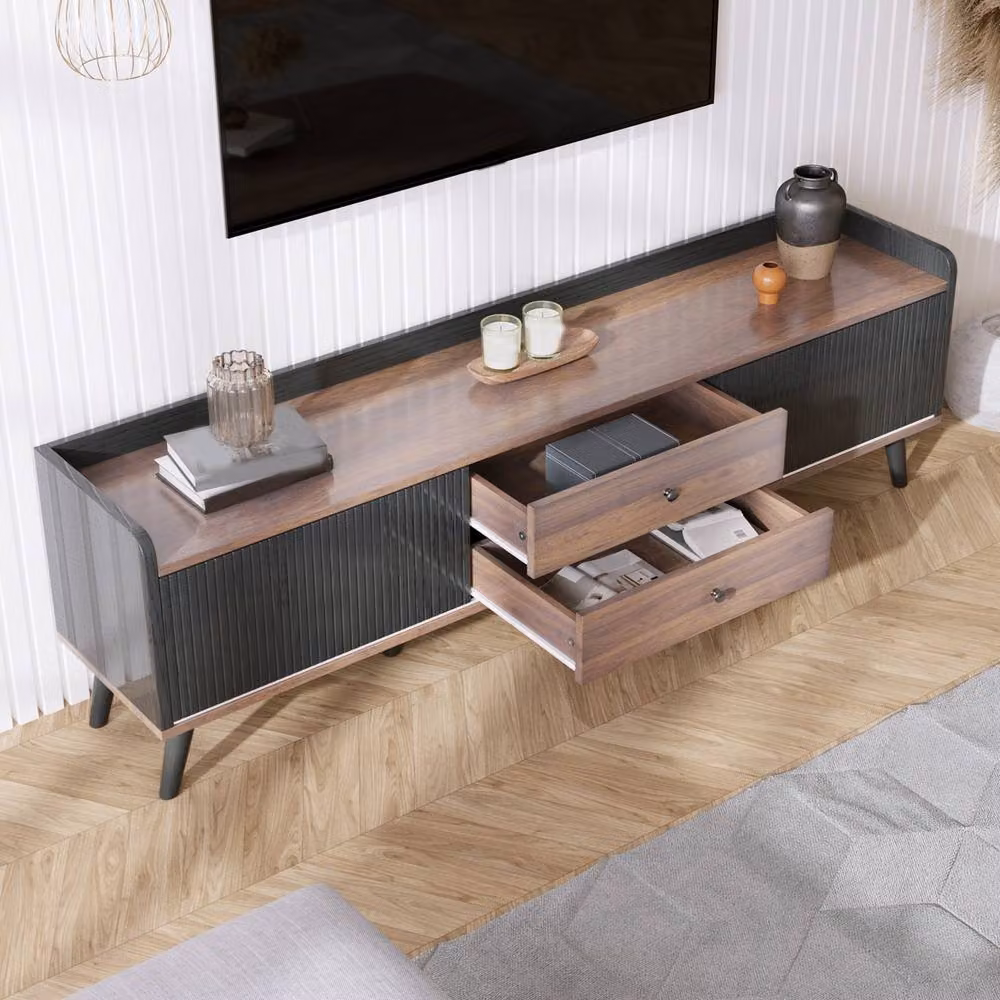Merax Modern Lowboard TV Stand with 2 Striped Sliding Doors and 2 Drawers, Brown and Black, W: 160 cm, D: 40 cm, H: 58 cm – 5