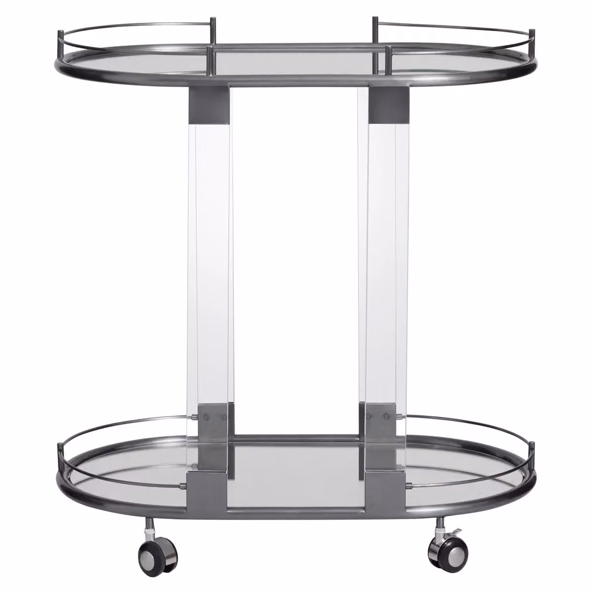 Orsina Mid-Century Two-Tier Drinks Trolley with Gold Metal Frame and Glass Shelves in Black and White – 4