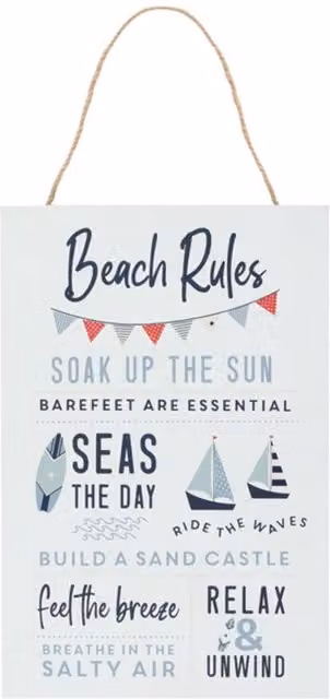 KDMK Beach Rules Hanging Sign in Grey and White with Maritime Typography
