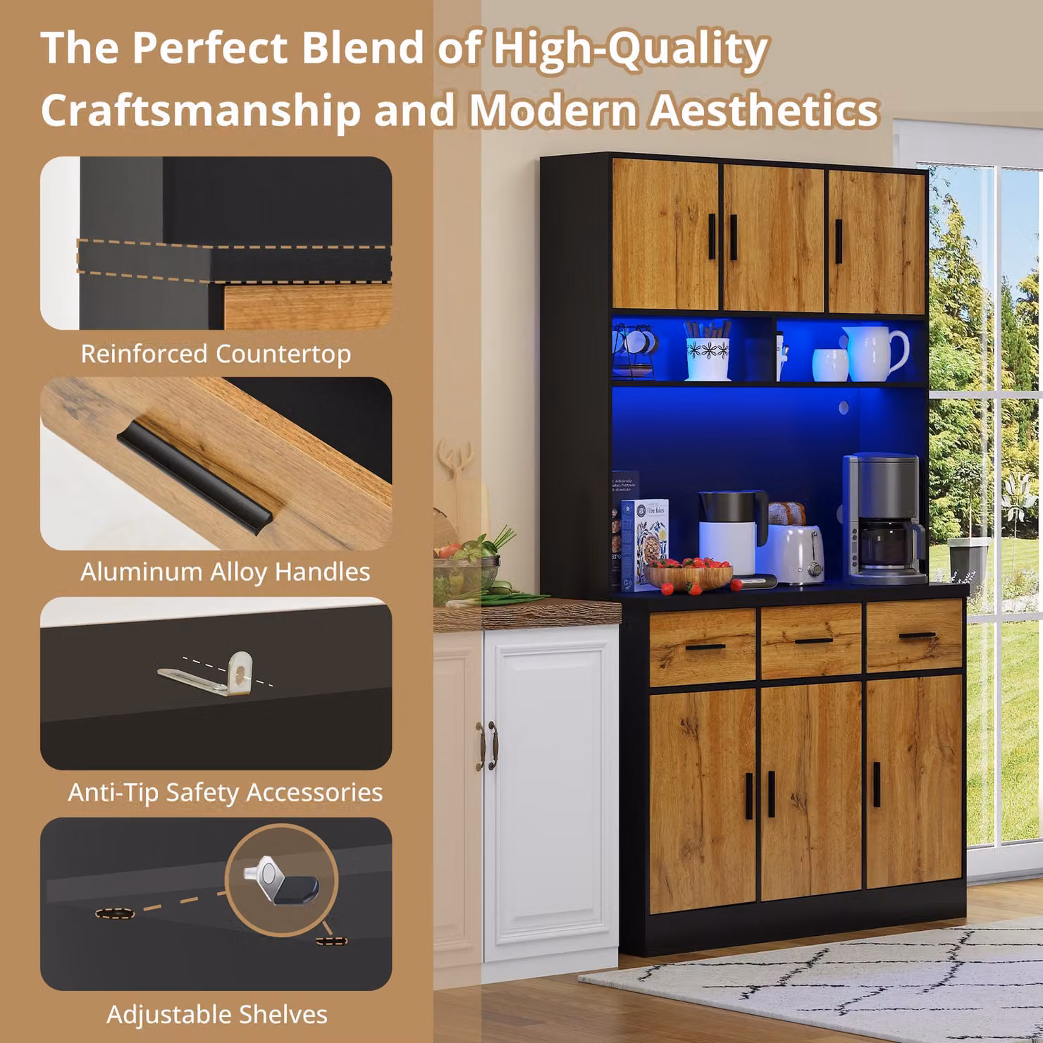 Aosom UK Tall Pantry Cabinet with App-Controlled LED Lighting and Water-Resistant Worktop, Black and Natural, W: 40 cm, D: 100 cm, H: 180 cm – 4