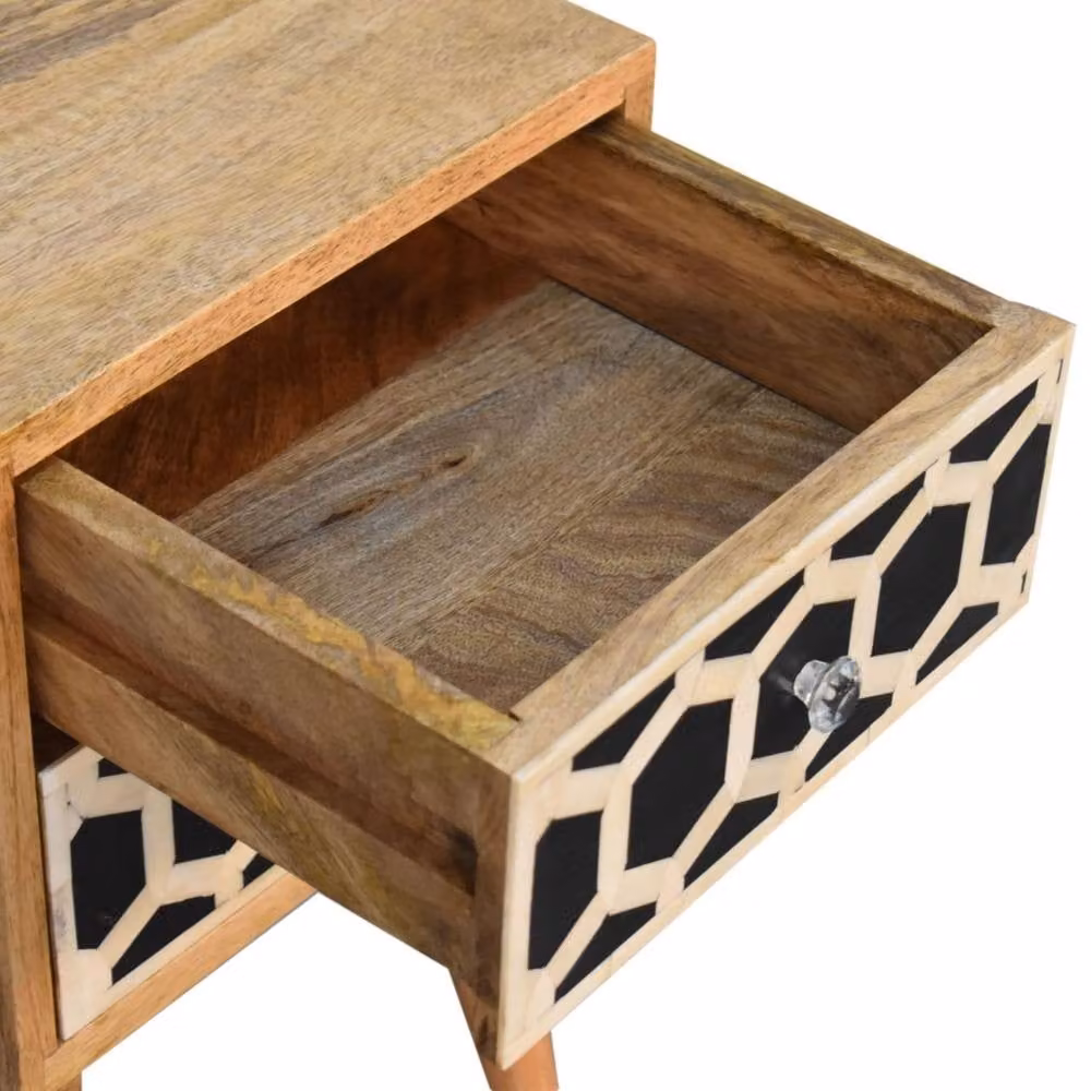 Wyld Haus Valeggio Mini Mango Wood Bedside Table with Bone Inlay and 2 Drawers in Brown – 5
