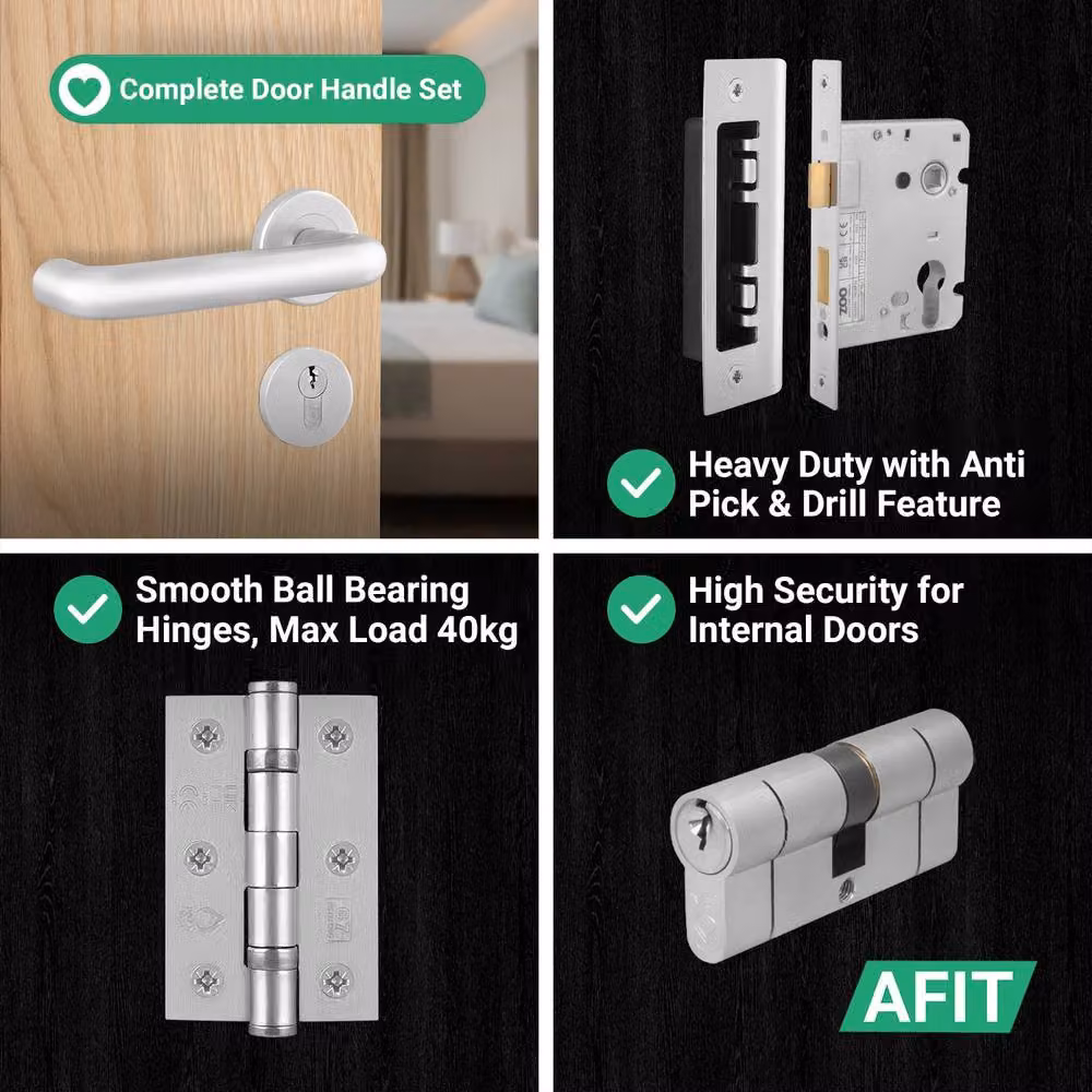 AFIT Satin Aluminium Return to Door Handles with Euro Double Cylinder Hinges, Silver, 150 x 150 mm – 3