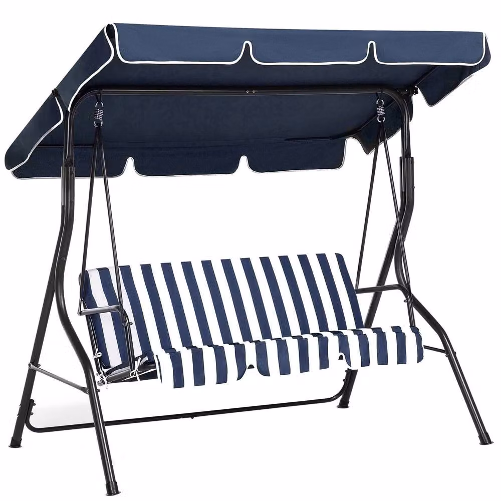 Wyld and Coco 3-Seater Patio Swing Chair with UV-Resistant Sun Canopy, Blue Striped, Powder Coated Steel Frame, W/D/H: 174 x 147 x 118 cm – 2