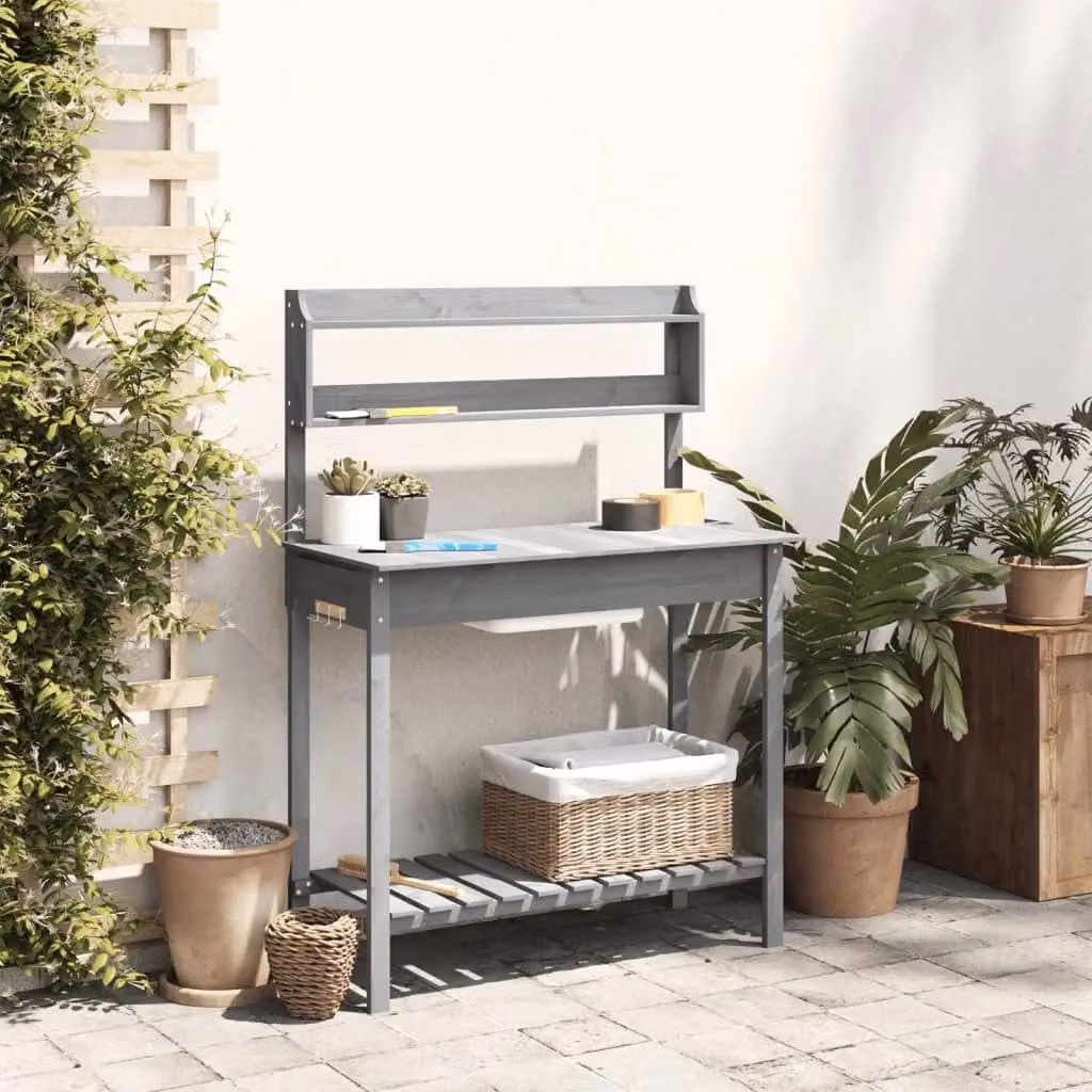 Berkfield Home Potting Table with Sink in Grey, Solid Wood Fir, W/D/H: 147.5 x 44 x 139.5 cm – 3