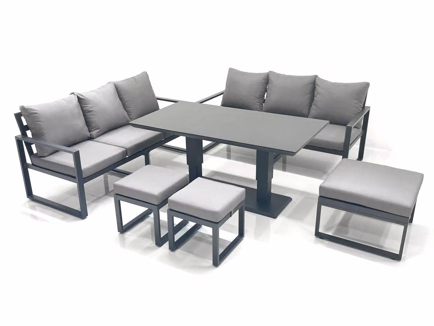 Fimous 9 Seater Aluminium Outdoor Garden Furniture Set in Dark Grey with Adjustable Rising Lifting Dining Table, 3 Seater Sofa and 3 Footstools – 2