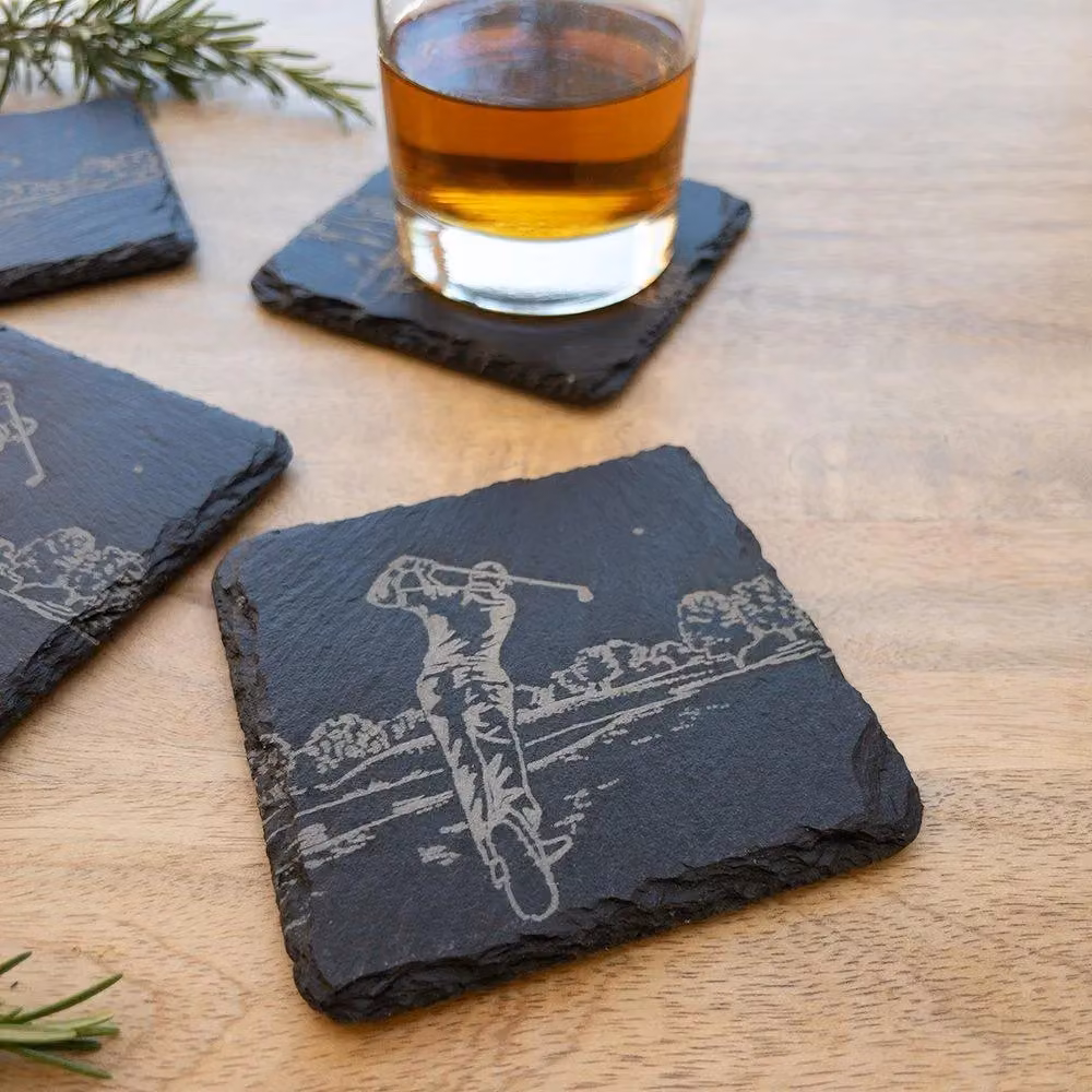 Selbrae House Set of 4 Grey Slate Square Coasters with Golf Design, W/D/H: 11 x 11 x 11 cm – 4