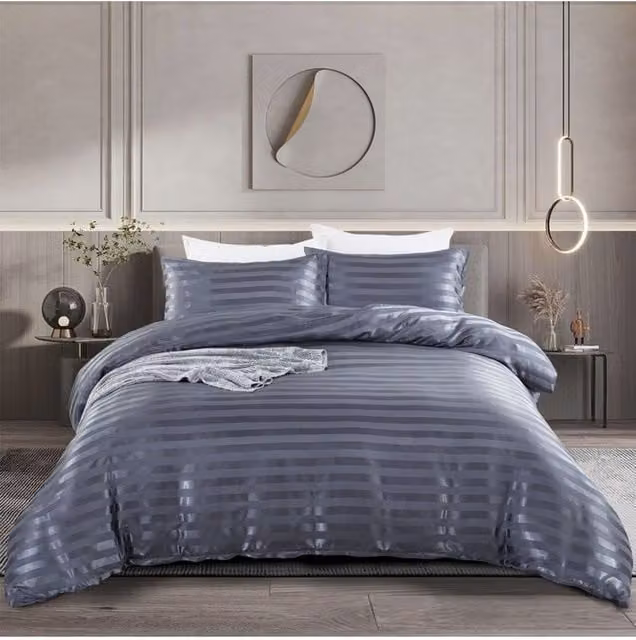 Living and Home Grey Striped Satin Single Duvet Cover and Pillowcase Set, W/D/H: 135 x 200 cm and 50 x 75 cm – 1