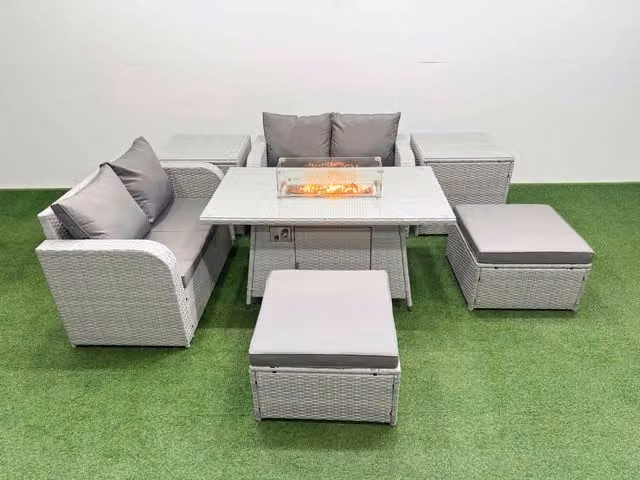Fimous 6 Seater Rattan Garden Furniture Set with Firepit Dining Table, 2 Footstools and 2 Side Tables in Light Grey