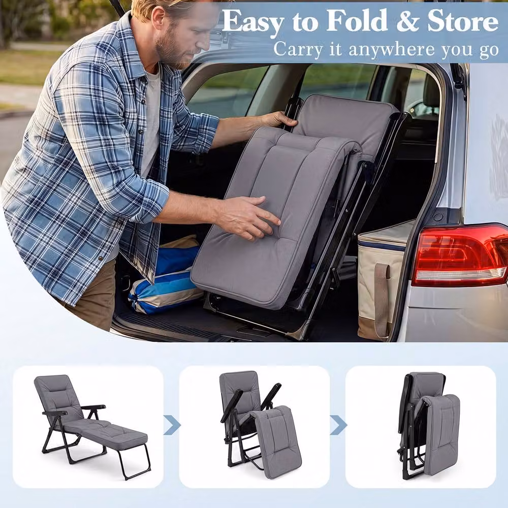 Gymax Foldable Garden Sun Lounger with Adjustable Headrest and Armrests in Grey – 7