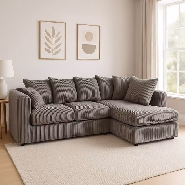 SquareBoxx Asher Jumbo Cord Corner Sofa with Right Hand Facing Chaise in Grey – 1