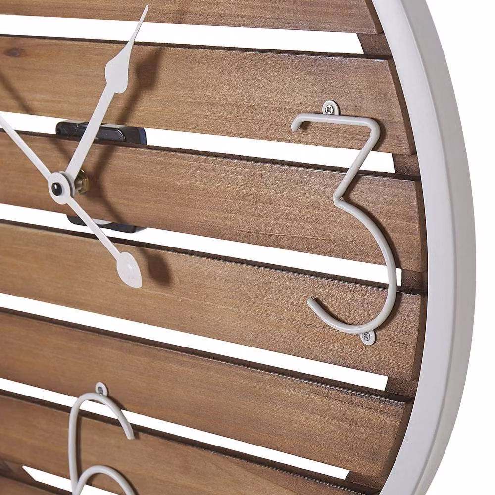 Wyld and Coco Round Analog Wall Clock in Brown and White with Wood Striped Face, Diameter: 50 cm – 4