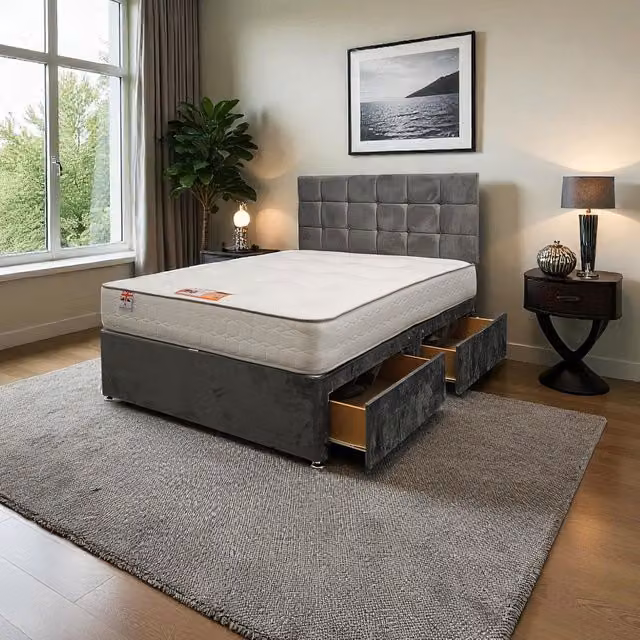Knight Sleep Modern Upholstered Plush Bed Set with Mattress and Drawers in Grey Velvet Fabric, W/D/H: 140 x 200 x 60.96 cm
