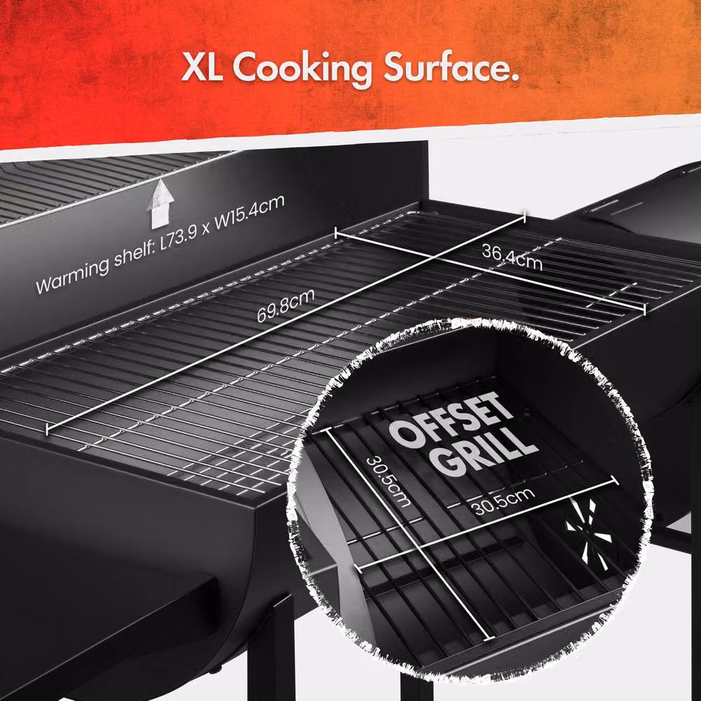 VonHaus Offset Charcoal Barrel BBQ Smoker in Black, W/D/H: 137 x 53 x 95 cm – 8