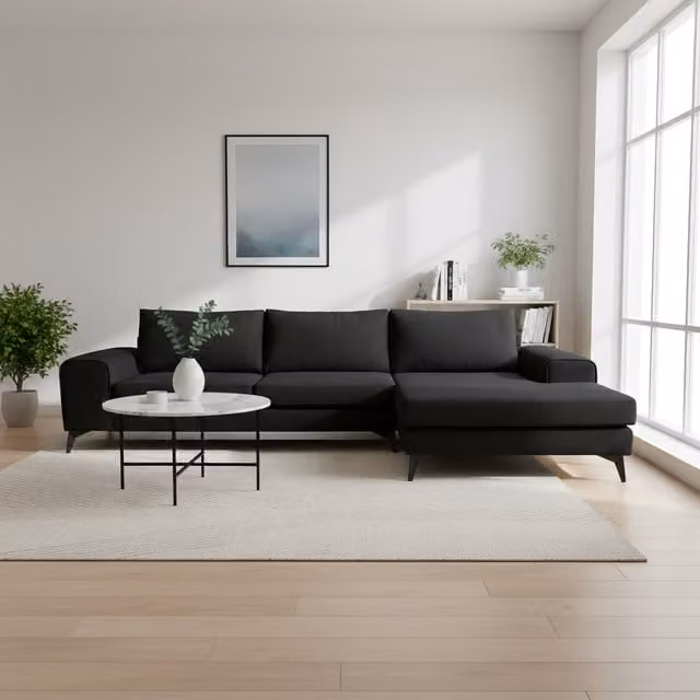 Abakus Direct Venice L-Shape Corner Sofa in Black Basket Weave Fabric, Right-Hand Facing