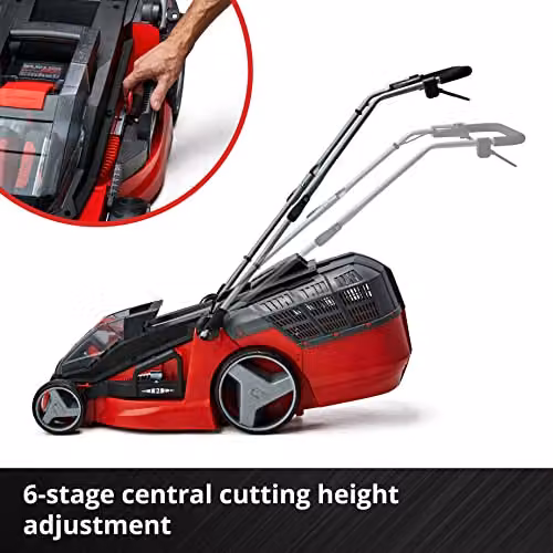 Einhell Power X-Change 36V Cordless Lawnmower with 2x Rechargeable Batteries and 2x Quick Chargers in Red and Black – 6