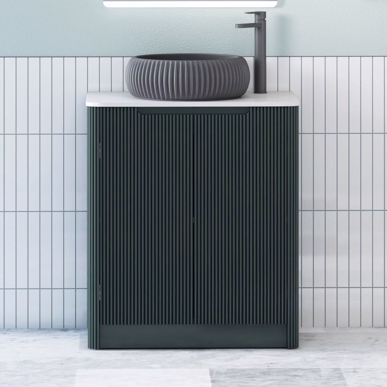 Royal Bathrooms Avenza Floor Standing 2 Door Vanity Unit with Milan Black Basin and Plain White Worktop, Moss Green