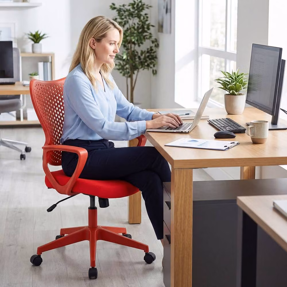 Gymax Ergonomic Red Fabric Swivel Office Chair with Armrests and Castors – 3