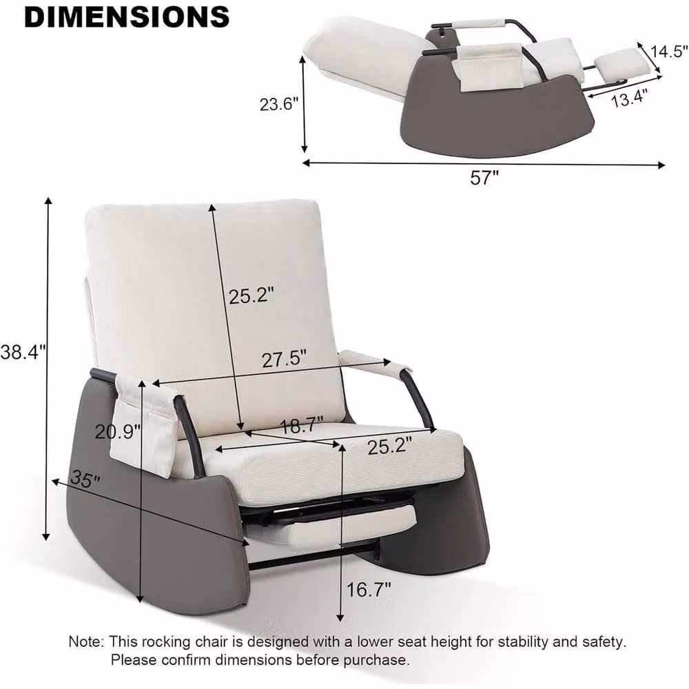 VOGREX White Fabric Armchair Glider with Manual Reclining Lever and Adjustable Backrest and Footrest – 2