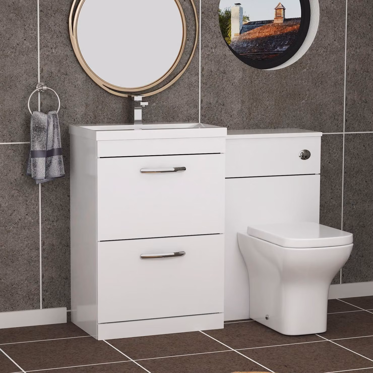 Royal Bathrooms Turin 1100mm Gloss White 2-Drawer Mid-Edge Basin and Qubix Back to Wall Toilet Pack