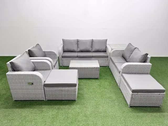 Fimous Grey PE Rattan Garden Furniture Set with Adjustable Chairs, Double Love Seat, Oblong Coffee Table and Two Footstools