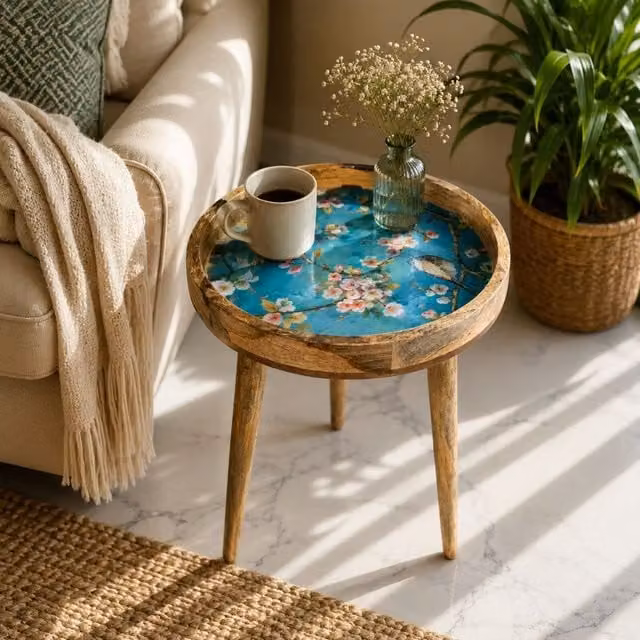 Hartsmede Florence Handmade Mango Wood Side Table in Blue, W/D/H: 36 x 36 x 47 cm