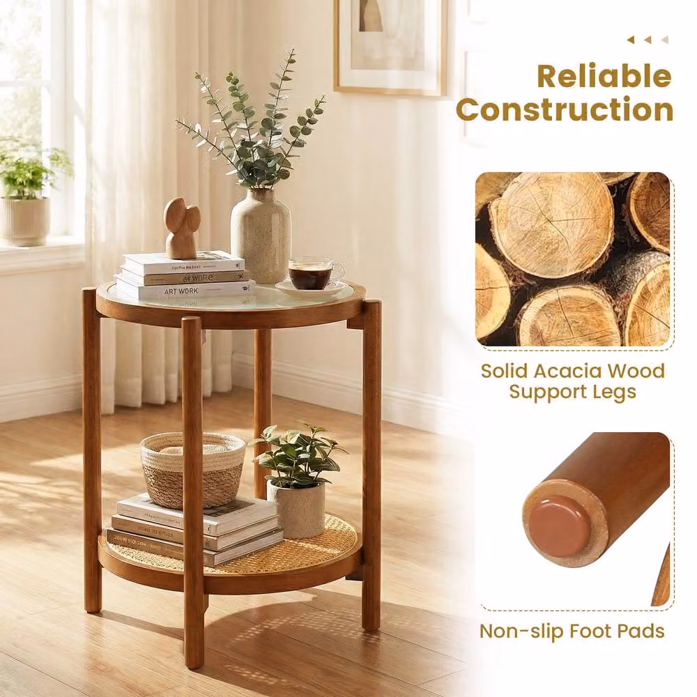 Gymax 2-Tier Round Boho Side Table in Brown Acacia Wood and Glass – 4