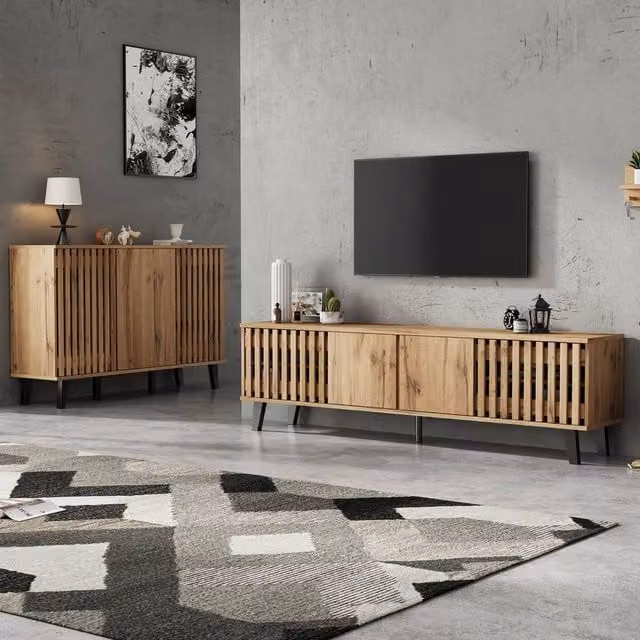 Rolipo Modern Wood TV Console and Sideboard Buffet Set in Brown – 1