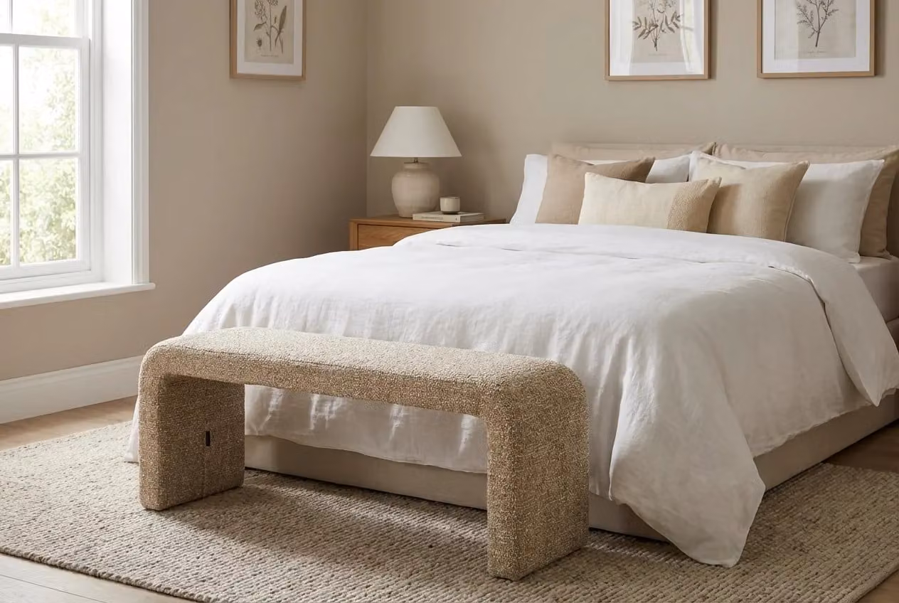 Araco Atelier Mode Wicker Bench in Beige with Upholstered Fabric Frame