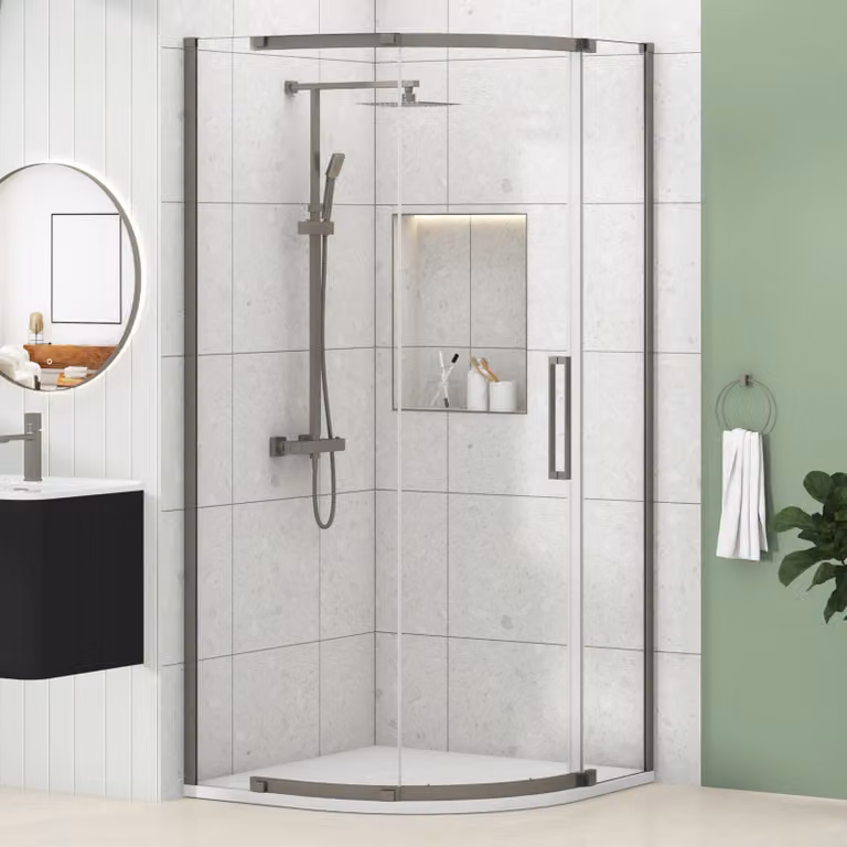 Royal Bathrooms Chelsea Single Door Quadrant Shower Enclosure with White Mineral Cast Stone Tray, Gun Metal Grey, W: 90 cm, H: 195 cm