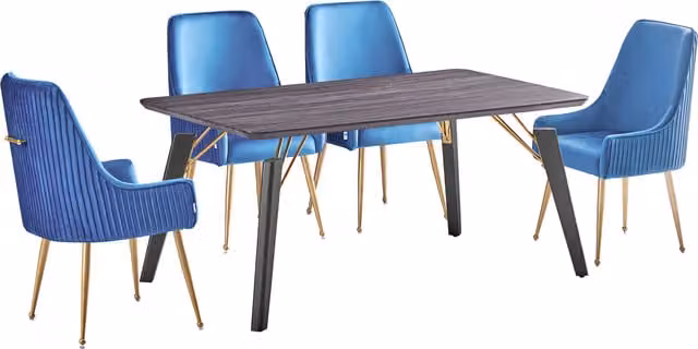 Life Interiors Soho Cosmo LUX Dining Set with Rectangular Table and 4 Blue Velvet Upholstered Chairs