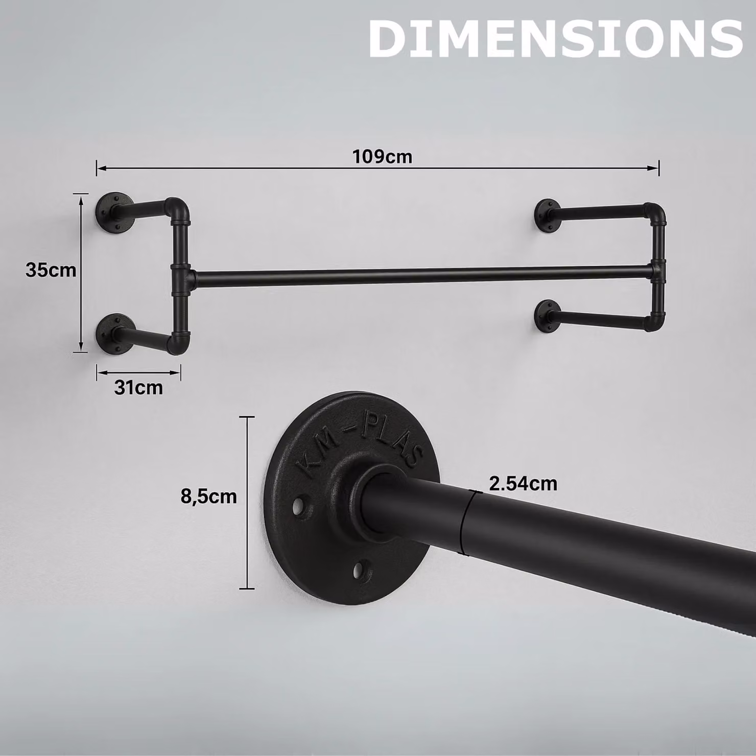 Storvo Industrial Heavy Duty Matt Black Metal Pipe Wall-Mounted Floating Hanging Rail, W/D/H: 109 x 35 x 50 cm – 8
