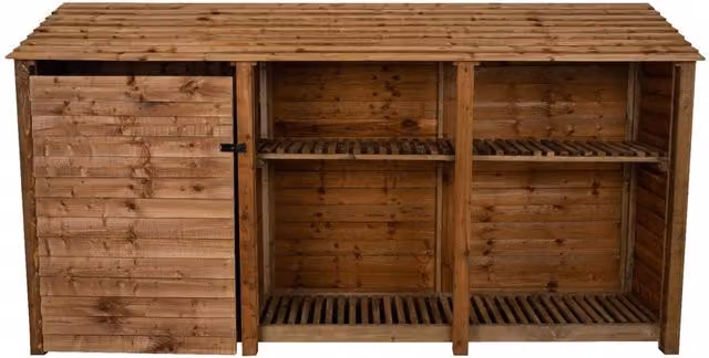 Arbor Garden Solutions Triple Bay Wooden Garden Tool and Firewood Storage Cabinet with Shelving, Brown, Height: 180 cm