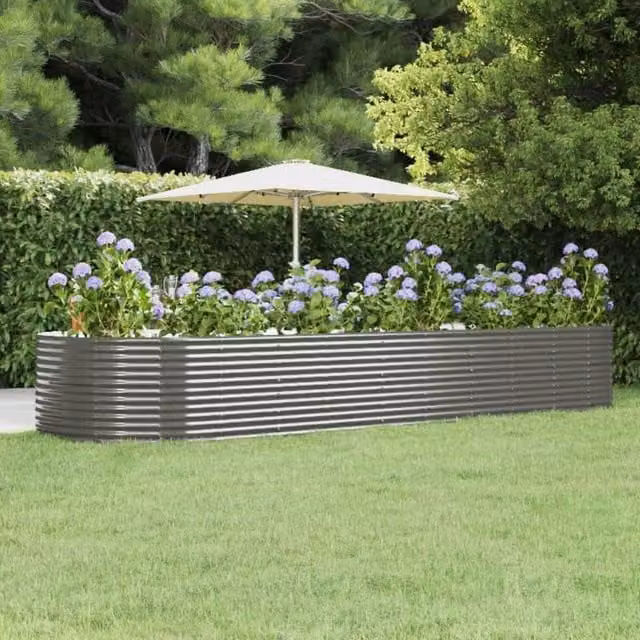 Berkfield Home Garden Grey Powder-coated Steel Raised Bed W: 140 cm, D: 447 cm, H: 68 cm