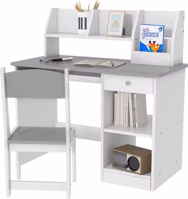 ZONEKIZ Kids Desk and Chair Set with Storage, Modern Wooden Study Table and Matching Chairs for Children, Grey – 1
