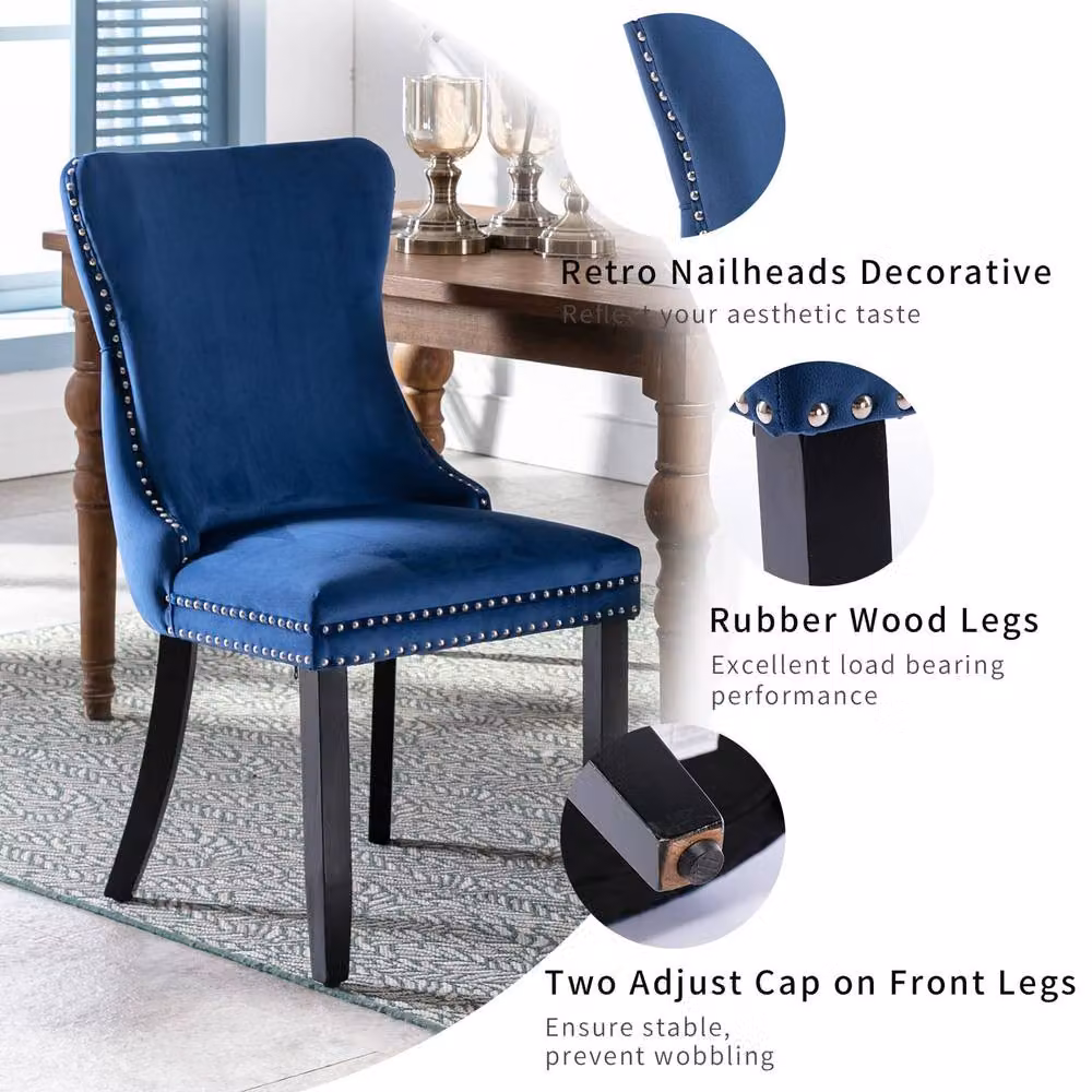 Modern Home Touch Sierra Lux Set of 4 Blue Velvet Tufted Wing Back Dining Chairs with Oak Wood Frames – 6
