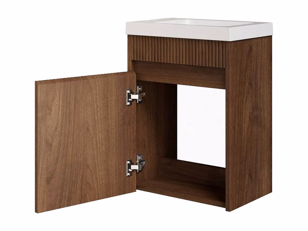 Vente-unique Ribbed Wall-Hung Cloakroom Basin Unit in Ash Wood with Matt White and Walnut Finish – 3