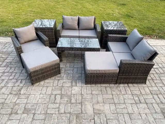 Fimous 7 Seater Rattan Outdoor Garden Lounge Sofa Set in Dark Grey with Coffee Table, 2 Side Tables and 2 Ottomans