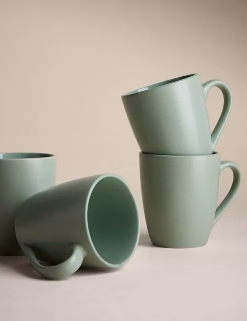 M&S Set of Four Green Stoneware Everyday Mugs