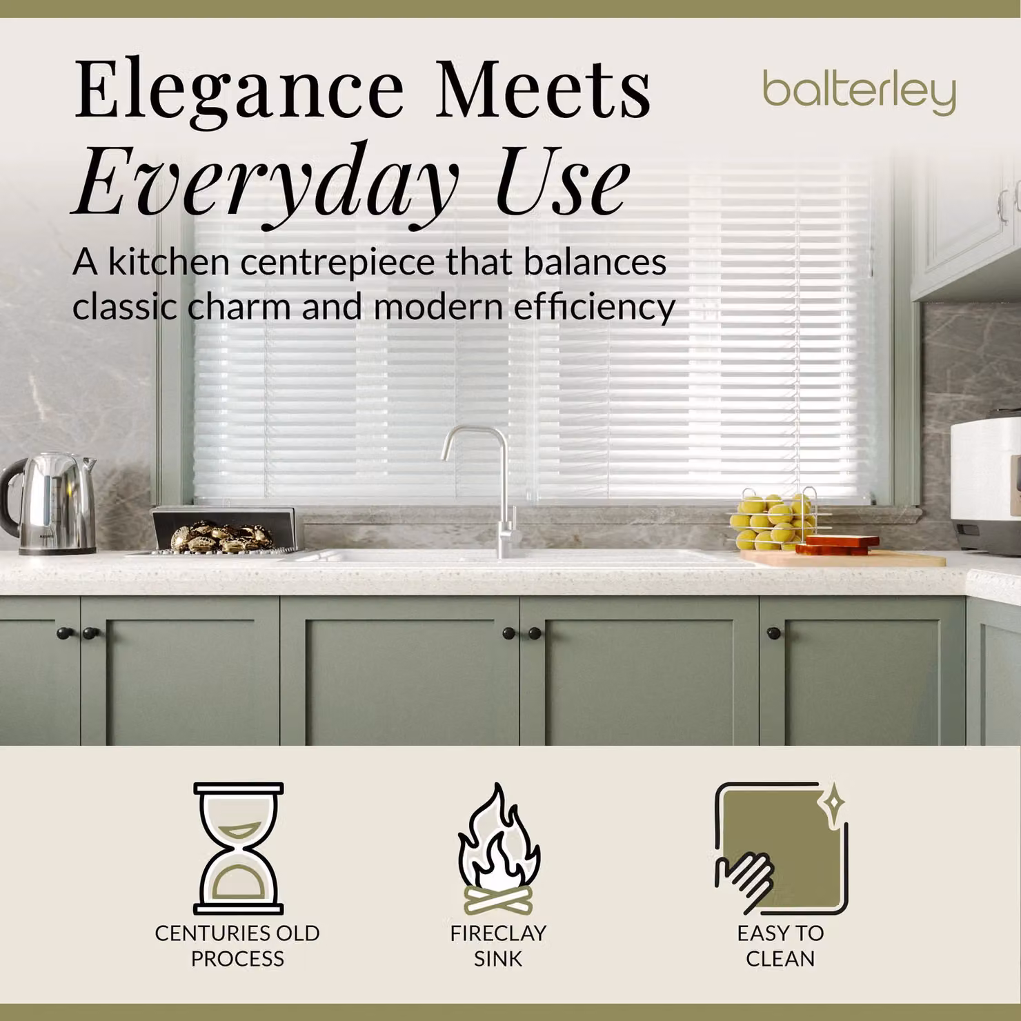 Balterley 1.5 Bowl Inset Fireclay Kitchen Sink and Wastes, White, W: 101.0 cm, D: 52.5 cm – 2