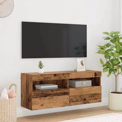 vidaXL Modern Wall Mounted TV Cabinet in Brown with Integrated Lighting and Internal Shelves, W/D/H: 100 x 30 x 40 cm – 2