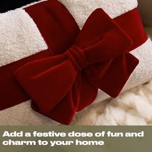 OHS Bow Wrapped Boucle Novelty Scatter Cushion in Red and White, W: 50 cm, H: 30 cm – 2