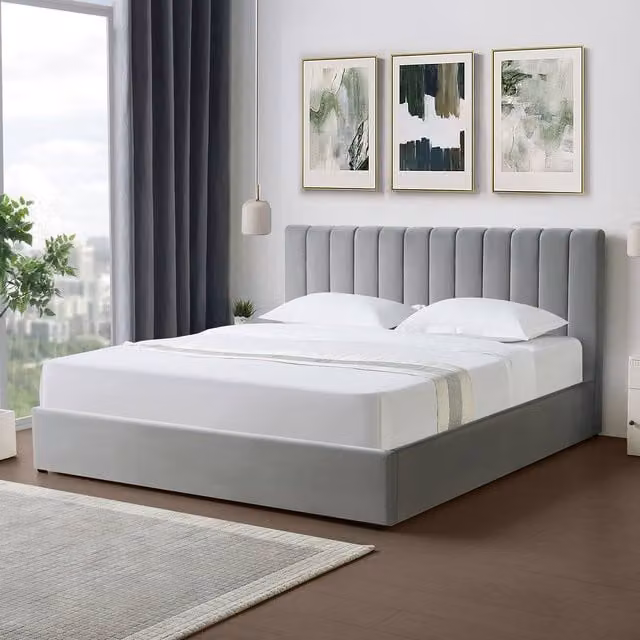 Artemis Home Corwin Grey Velvet Upholstered Ottoman Storage Bed Frame with Lift Up Base, W/D/H: 140 x 200 x 135 cm