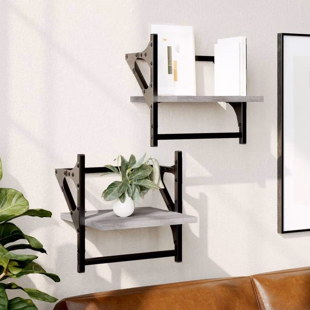Berkfield Home Wall Shelves with Hanging Rods, 2 Piece Set, Grey Sonoma, W/D/H: 30 x 25 x 30 cm – 2