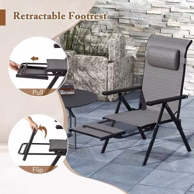 KORVIXA Set of 2 Grey Outdoor Recliner Chairs with Adjustable Headrest and Armrests, W/D/H: 100 x 100 x 100 cm