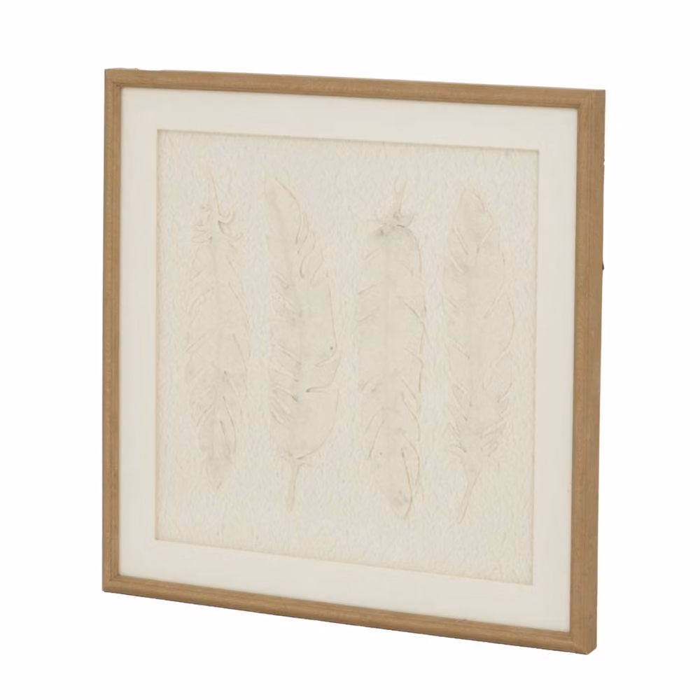 Wyld Haus Les Vans White Feathers Framed Wall Art with Brown Wooden Beaded Frame, W: 50 cm x H: 50 cm – 2