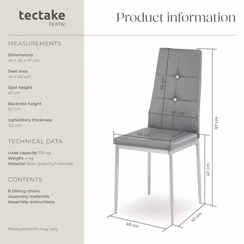 tectake Set of 8 Julien Dining Chairs in Grey with Faux Leather and Metal Legs – 3