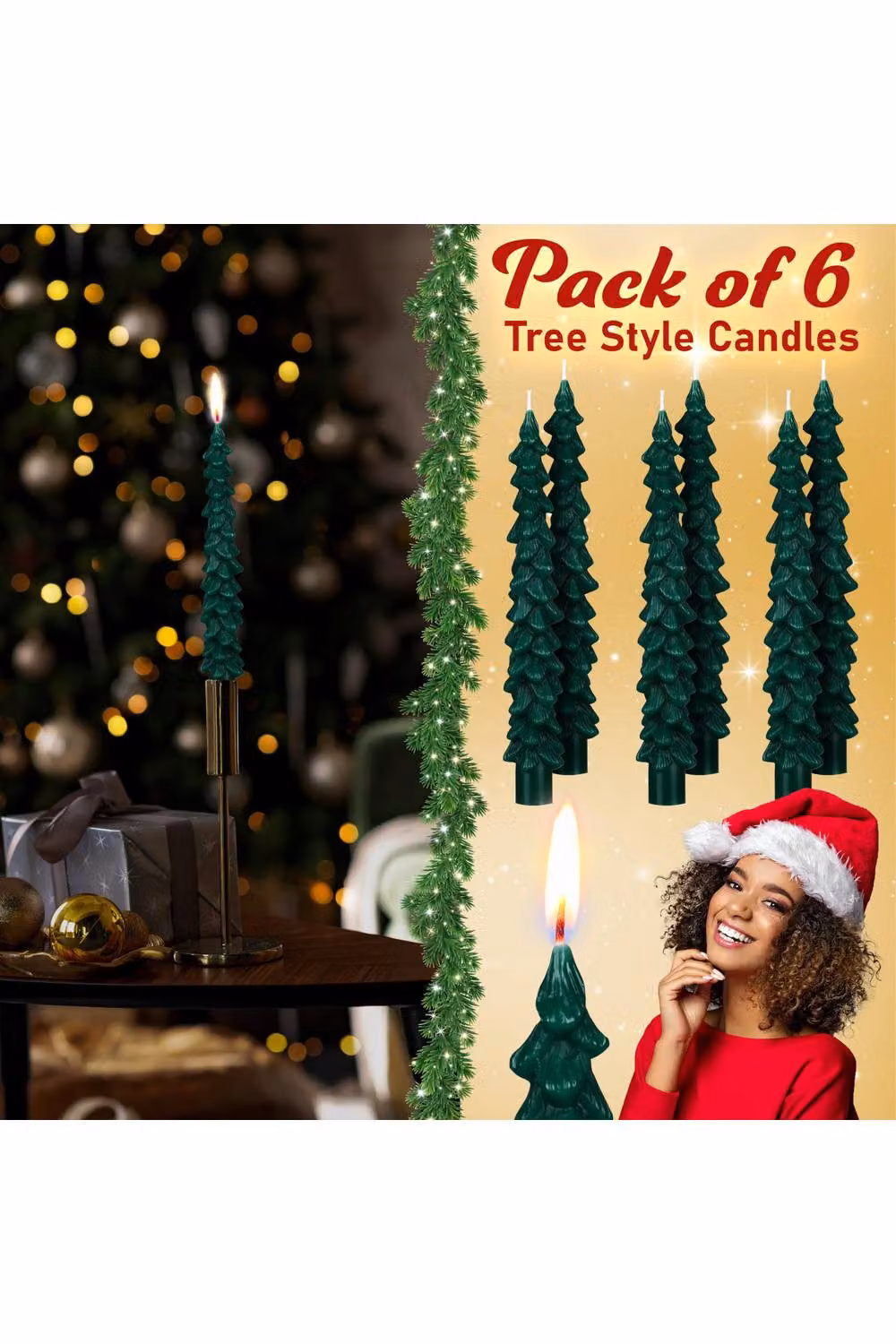 Deco Express Christmas Tree Dinner Candles, Green and Gold, Set of 6 – 10