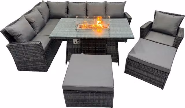 Fimous Dark Grey Rattan Outdoor Patio Gas Firepit Table Sofa Set with 2 Large Stools – 1