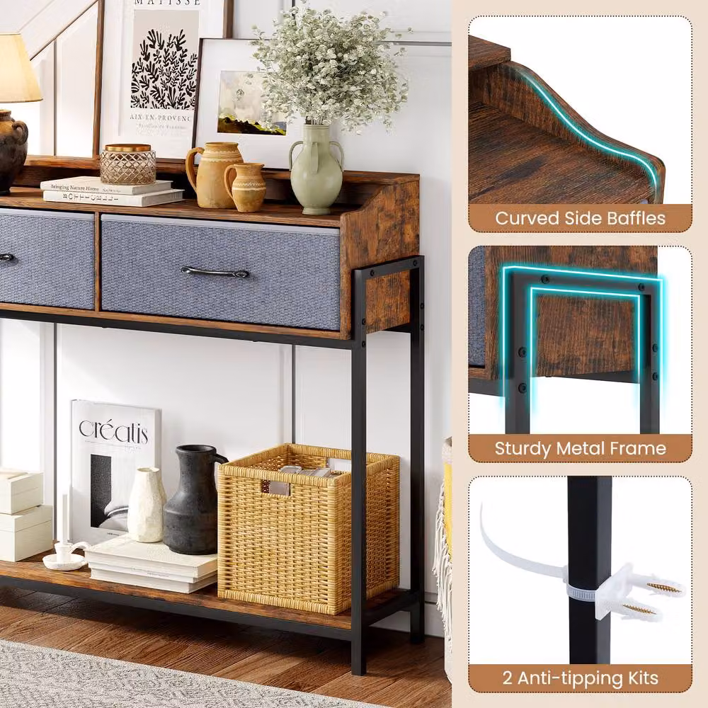 Costway Industrial Brown Console Table with Charging Station for Living Room or Hallway – 9