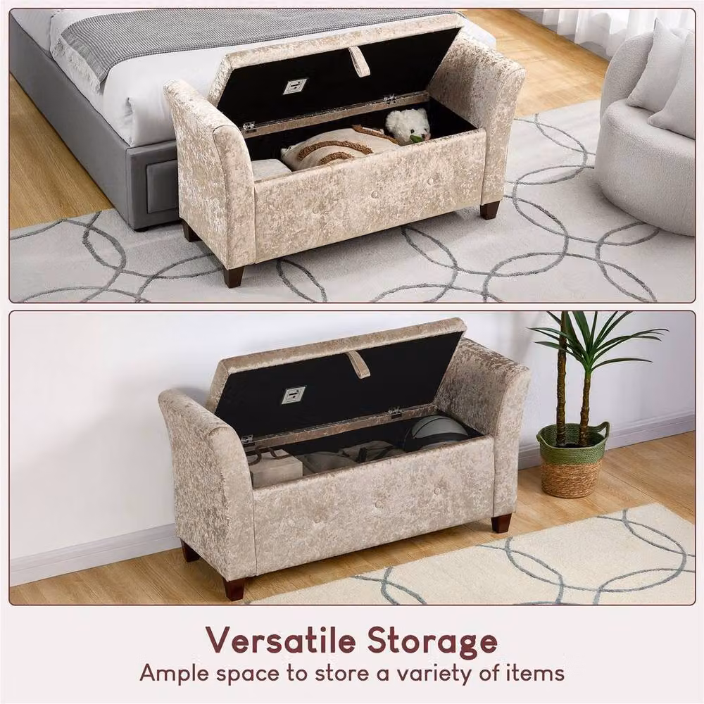 Kelvenix Champagne Velvet Storage Ottoman Seat Stool Bench in Beige – 3